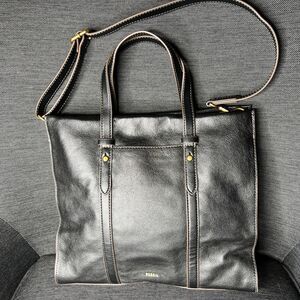 Fossil Kingston Black Leather Crossbody Satchel Tote Bag Purse Pebbled Work
